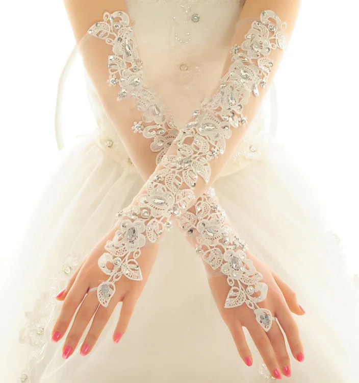 

2018 New Fashion Bride Gloves Long Wedding Dress Gloves Lace Beige Elbow Length Beaded Fingerless