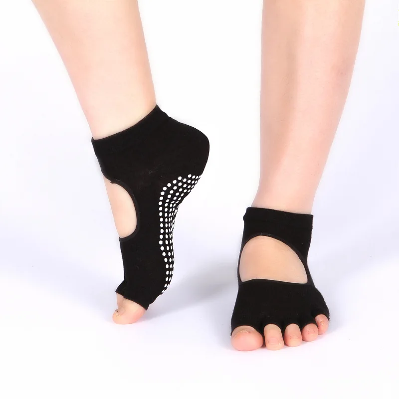 Brothock экспорт внешней торговли yoga палец Носки Для женщин yoga Носки хлопок нескользящая подошва сумка относится к сзади спортивные носки - Цвет: Half finger black