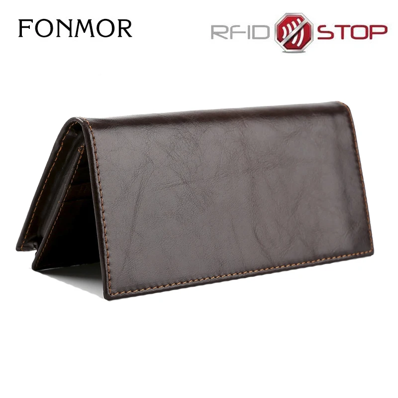 

RFID Genuine Leather Long Wallet Men Business Card Holder Travel Credit Purse Oil Wax Leather Wallet Male Thin Men's Wallet