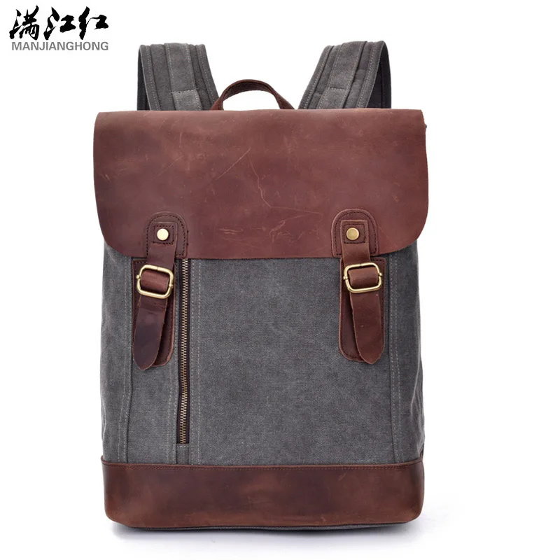 Manjianghong Men's Vintage Backpacks Bag Crazy Horse Leather Schook Back Pack Bags Casual 15inch Notebook Canvas Bags 