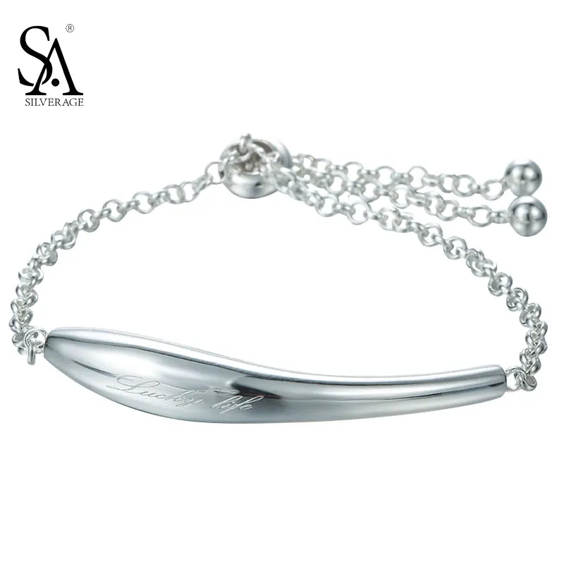 

SA SILVERAGE 925 Sterling Silver Bracelets Bangles lucky life Puffed silk bracelet female length adjustable bracelet for women