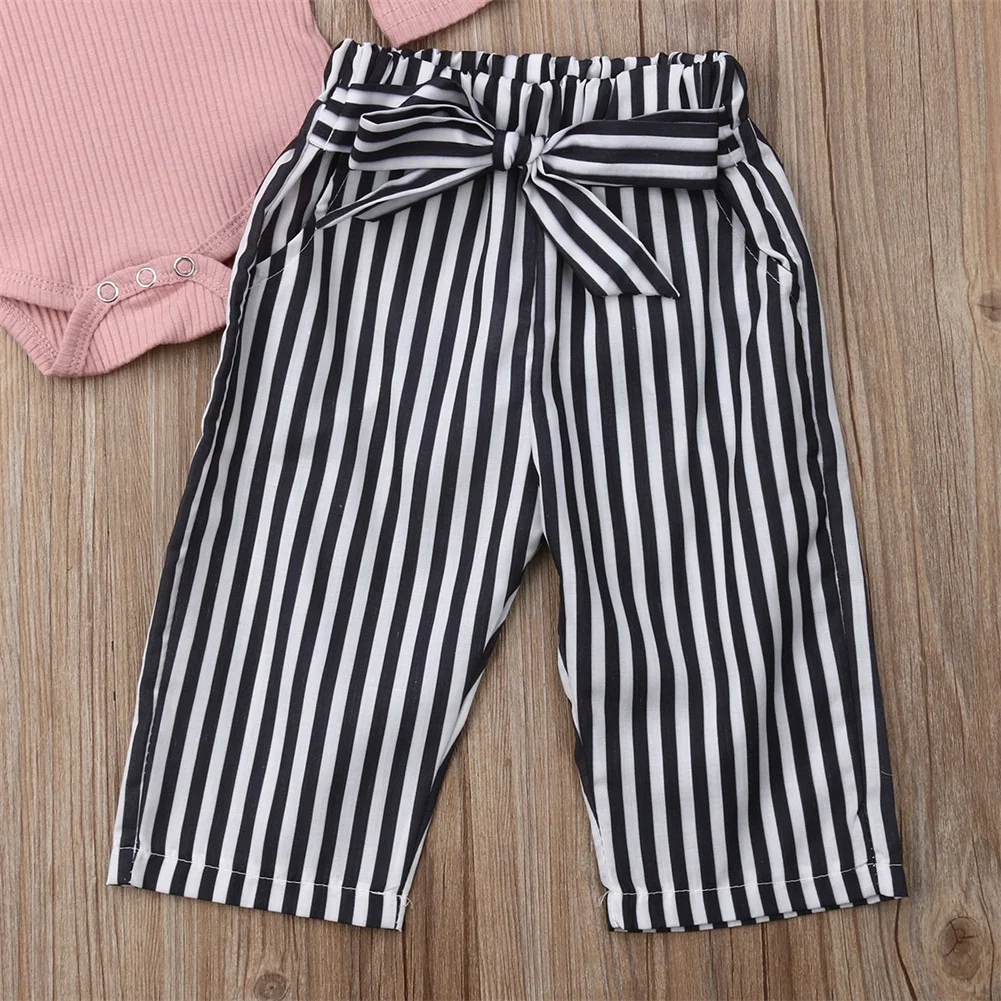 Cute Newborn Infant Baby Girl Sweet Outfit Clothes Ruffle Long Sleeve Romper Bow Tie Striped Pants Trousers Clothes Set