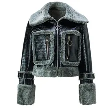 Зимняя Роскошная куртка с меховым воротником и длинным рукавом из искусственной крокодиловой кожи, приталенная короткая бейсбольная куртка-бомбер, кожаные куртки пилота