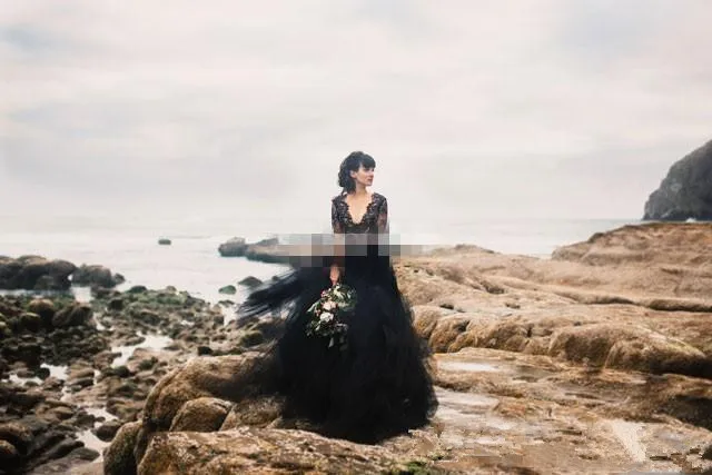 Черное богемное свадебное платье с открытой спиной, с длинным рукавом, пышное Тюлевое платье, бохо готическое свадебное платье, кружевное бальное платье, свадебное платье