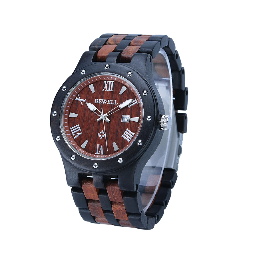 

BEWELL Fashion Luxury Brand Wooden Watch for Man Round Dial Date Display Wristwatch and Luminous Pointers Wood Watch 109A