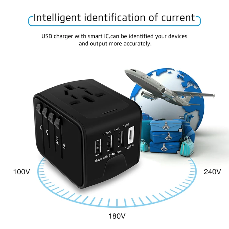 TENACHI адаптер для путешествий с 3 USB зарядным устройством и type C универсальный адаптер для путешествий для ЕС, США, Великобритании, Австралии