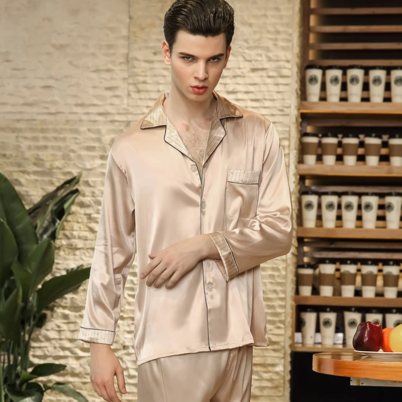 

New Men Satin Silk Pyjamas Set Long Sleeve Sleepwear Male Leisure Home Clothing Modern Style Soft Cozy Open Stitch Solid Color