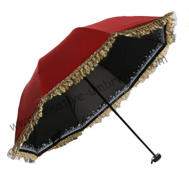 

3pcs/lot colour option Ladies' wine red UPF>50+ folding mini umbrella 5 times black coating Anti-UV pocket lace parasol