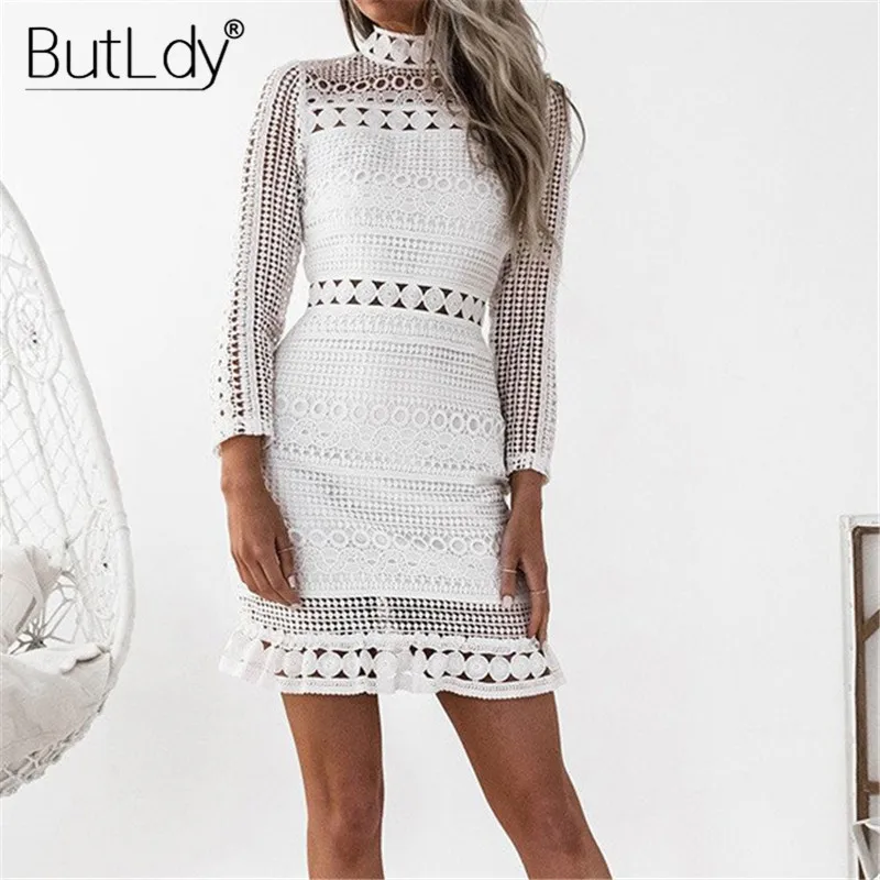 

Lace Patchwork Transparent Dress Women Sexy Strap Hollow Out Off Shoulder Dress Summer 2019 White Casual Luxury Party Club Dress