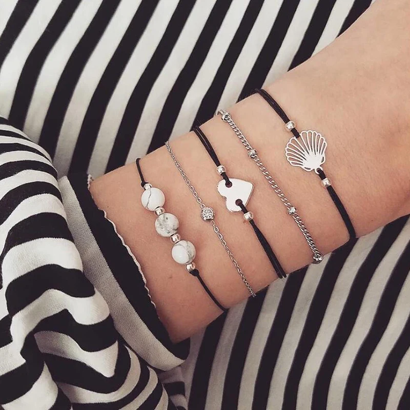 

YAOLOGE 2019 New Arrival 5 Pcs/Set Jewelry Beautiful Marbling Beads Heart Shell Rope Bracelets For Women Valentines Gift Fashion