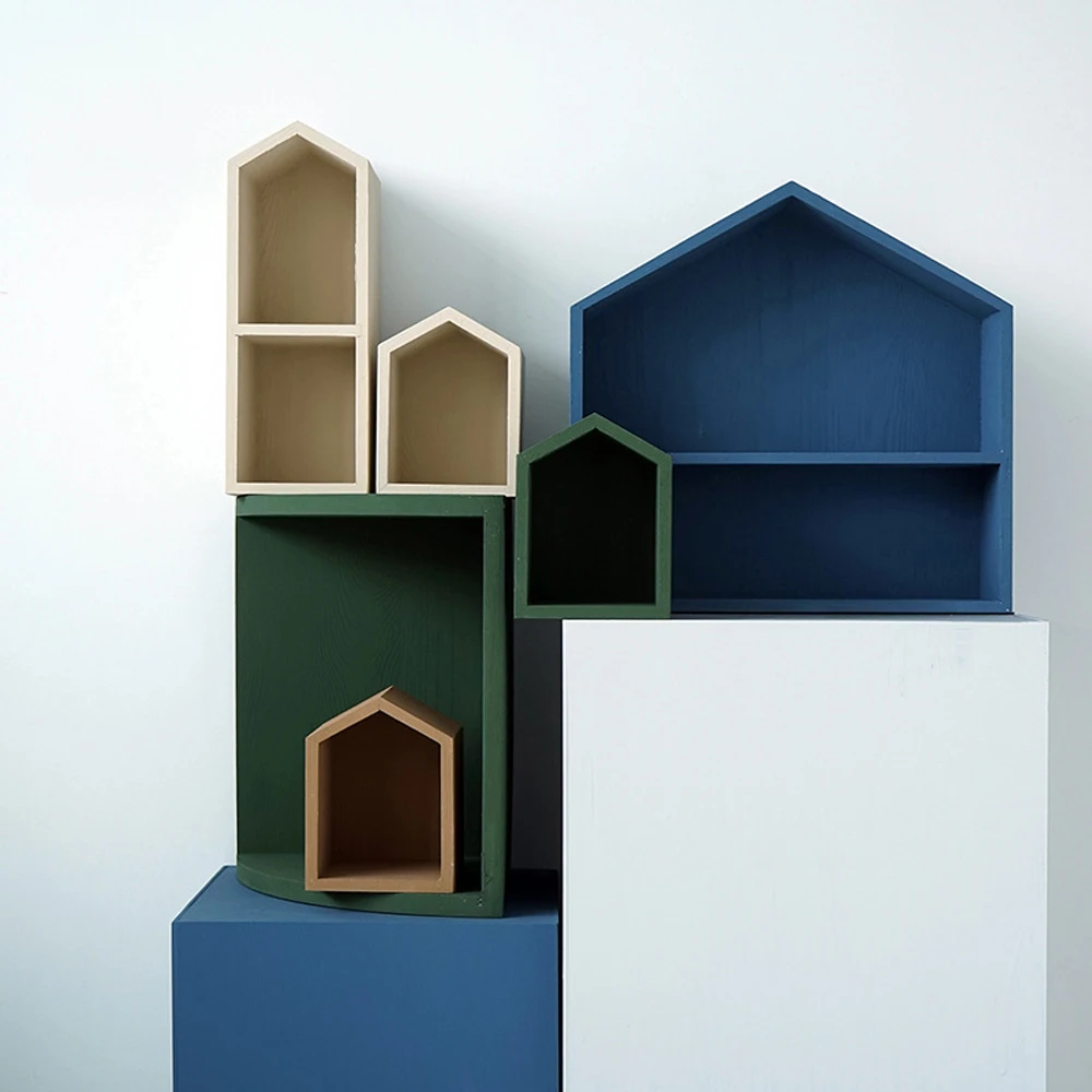 

Nordic Wooden Storage Tray House Shape Dessert Display Rack Romantic Wedding Morandi Color Table Decor Organizer Tray