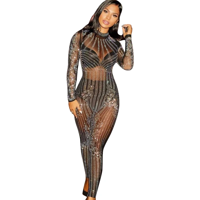 Black Rhinestone Sparkly Jumpsuit Women Turtleneck Long Sleeve Mesh Romper Sexy Sheer Birthday Nightclub Bodycon Party Overalls