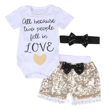 Новое поступление детская летняя одежда для девочек с блестками Шорты+ Детские боди+ повязка на голову 0-24 м одежда для малышей комплекты