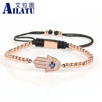 

Ailatu Brand Jewelry Micro Pave Cz Hamsa Hand Charm with 4mm Copper Beads Braiding Bracelets with Macrame