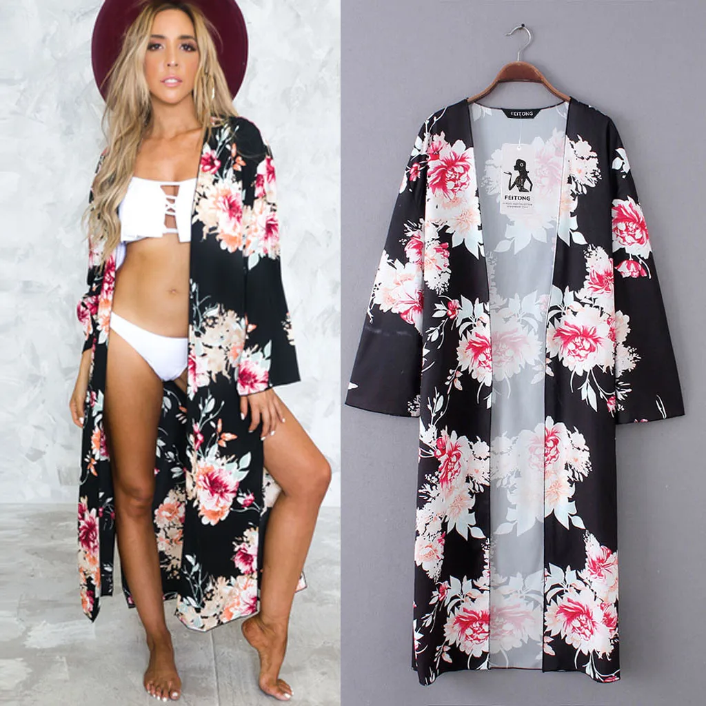 Summer Women Loose Blouse Chiffon Shawl Kimono Long Sleeve Cardigan Tops