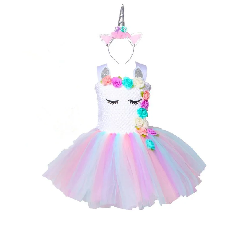 Платье-пачка с единорогом для девочек; Детские Платья с цветочным принтом для девочек на День рождения; маскарадные платья для детей; костюм на Хэллоуин и Рождество
