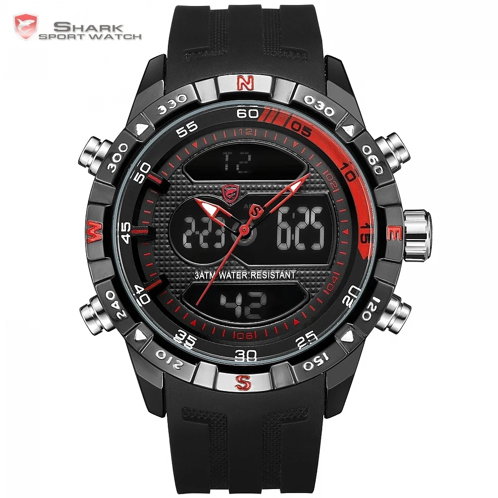 Top Brand SHARK Dual Display Sport Chronograph Digital LCD Auto Date Alarm Silicone Strap Wristwatches relogio masculino / SH598