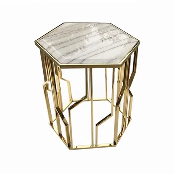 

Modern luxurious natural marble countertop metal stainless steel hexagonal titanium side corner table