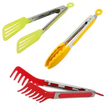 1 pc 6/9 9.7″ Food Grade Plastic Tongs Stainless Steel Handle Bread Tongs BBQ Clip noodles clip Grip For Cake Salad Kitchen Tool