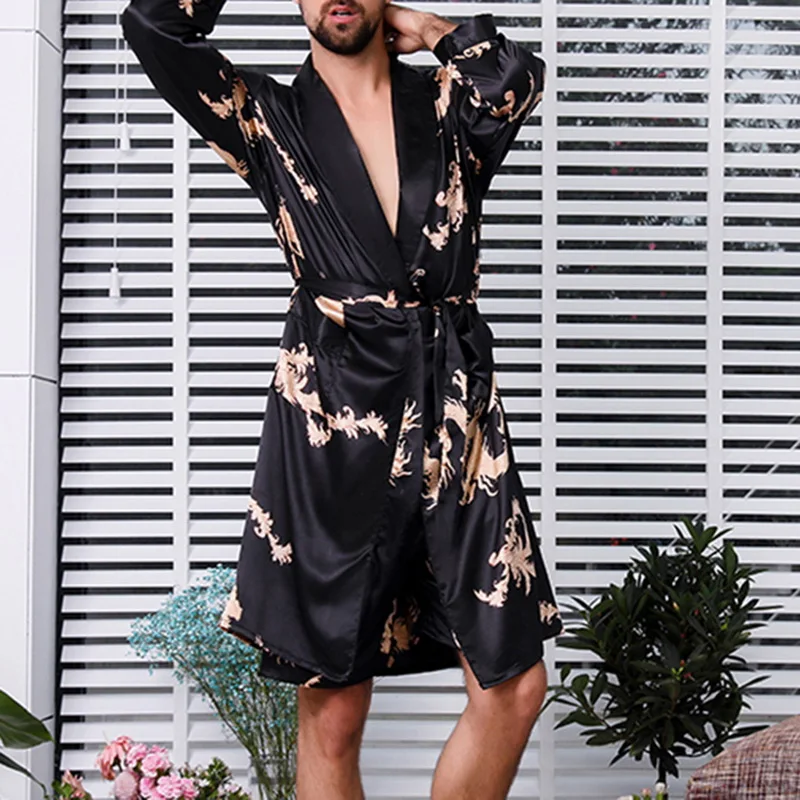 Oeak мужской модный мягкий удобный атласный банный халат, пижама с изысканным принтом, Новая повседневная облегающая ночная рубашка с длинными рукавами на шнуровке