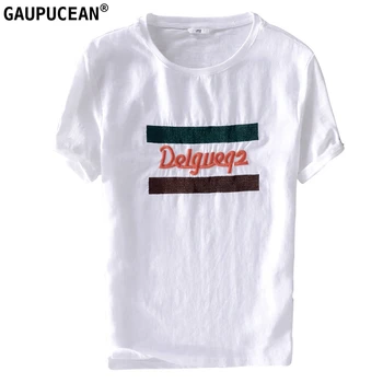 

Men T Shirt Short Sleeve Linen Cotton Summer Cool Breathable Anti-static Embroidery Casual White O-neck Quality Man T-shirts