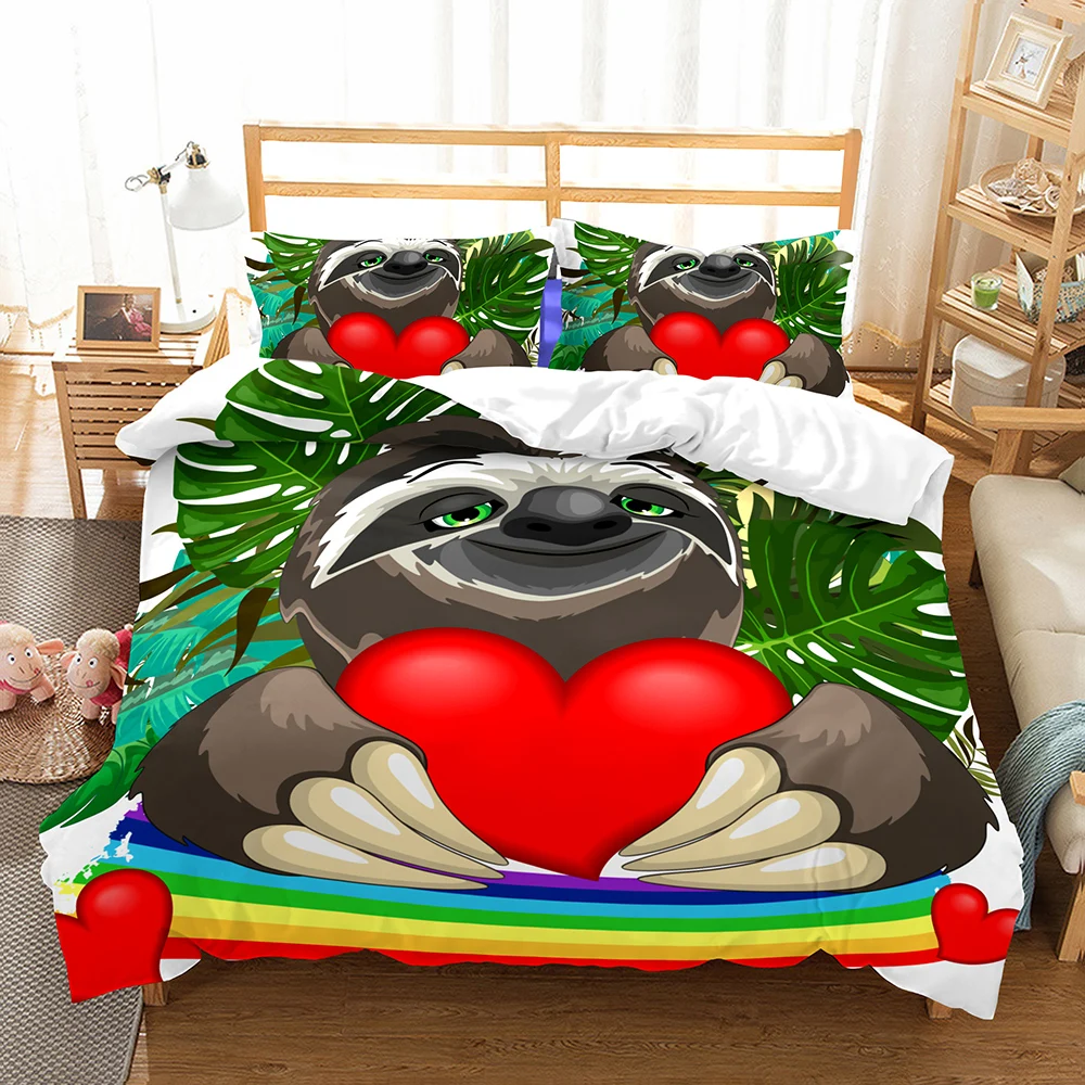 

Cartoon Sloth Red Love Pattern Bedding Set Rainbow Duvet Cover Set Tropical Plant Bed Linen Set 3PC Kid Home Microfiber Bed Set