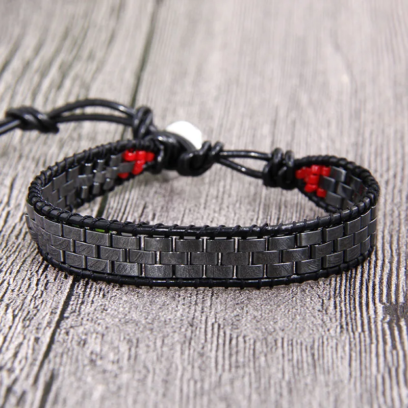 

Beaded Leather Wrap Bracelet Men Women Wrist Band Brick Wall Style Hematite Cube Stone Stainless Steel Button Closure Dropship