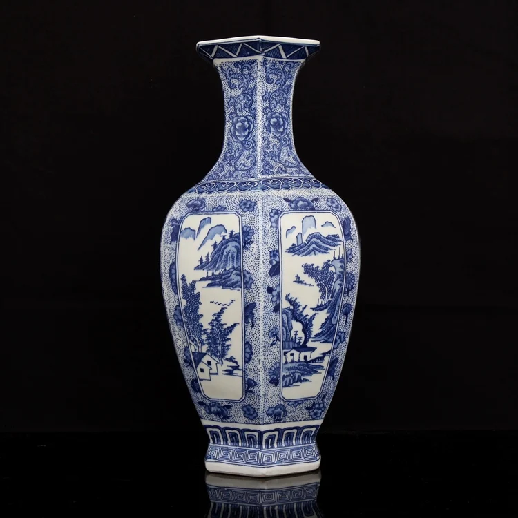 Шестигранная ваза Qing Qianlong с надписью на год Jingdezhen антикварная сине белая