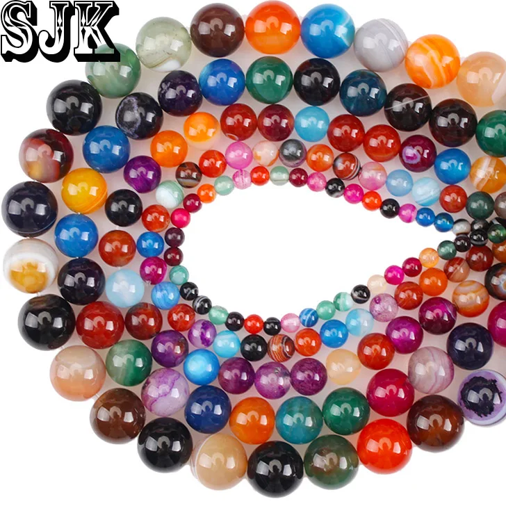 

Natural Stone Mixed Colors Stripe Agates Smooth Round Loose Beads 4 6 8 10 12 14MM DIY Bracelet For Jewelry Making Wholesale