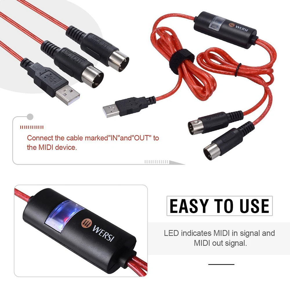 

2M Black/Red USB to MIDI IN/OUT Converter Adapter 5-Pin MIDI Cable for PC Laptop Mac