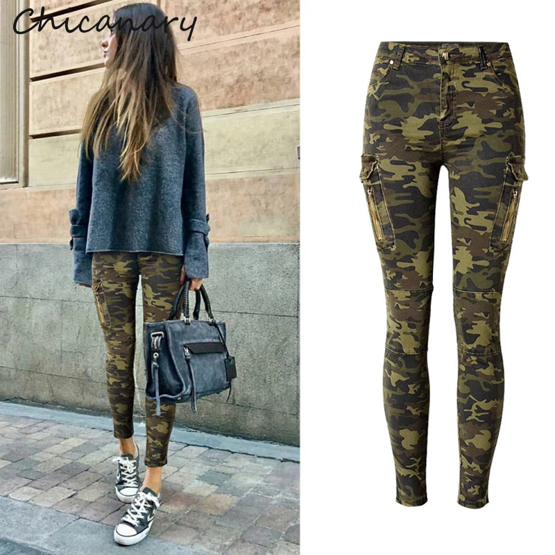 Chicanary Cargo Pockets Camo Print Women Skinny Jeans Military