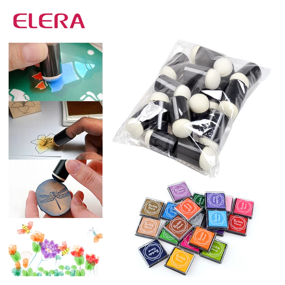 ELERA 40 шт губки для пальцев с коробкой+ 20 шт пальчиковые цветные чернильные подушечки для рисования, рисование, рисование, яркие цвета