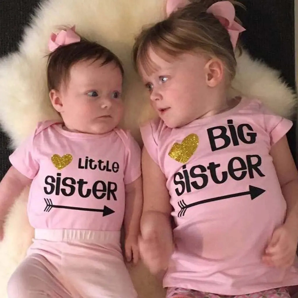 Боди для маленьких девочек с надписью «Little Sister»; футболка для крупных девочек; футболки; одинаковые комплекты; Размеры 1-6T
