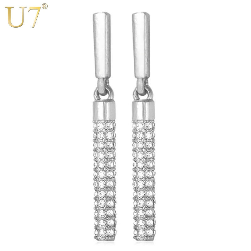 

U7 Crystal Drop Earrings For Women Jewelry Trendy Gold/Silver Color Cylinder Rhinestone Dangle Earrings E652