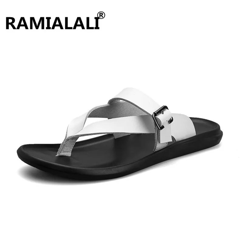 Ramialali/мужские вьетнамки; Летние кожаные шлепанцы; летние мужские тапочки на плоской подошве; Повседневная модная пляжная уличная мужская обувь - Цвет: Белый