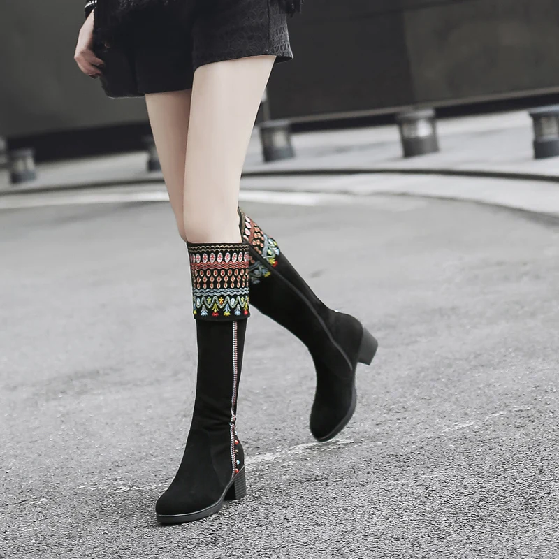 

Retro Women's Knee High Boots Folk-custom Embroidery Genuine Leather Knight Boots Shoes High Heel Colorful Rivets C1