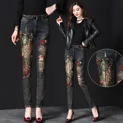 Черные джинсы женские Осень-зима Ins модная Женская Вышивка пайетки Феникс отверстия джинсы тонкие джинсовые брюки для девочек женские