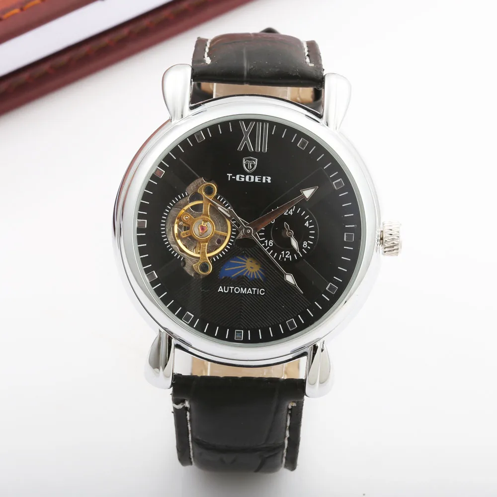 GOER Mens Watches Top Brand Luxury Skeleton Watch Men Sport Leather