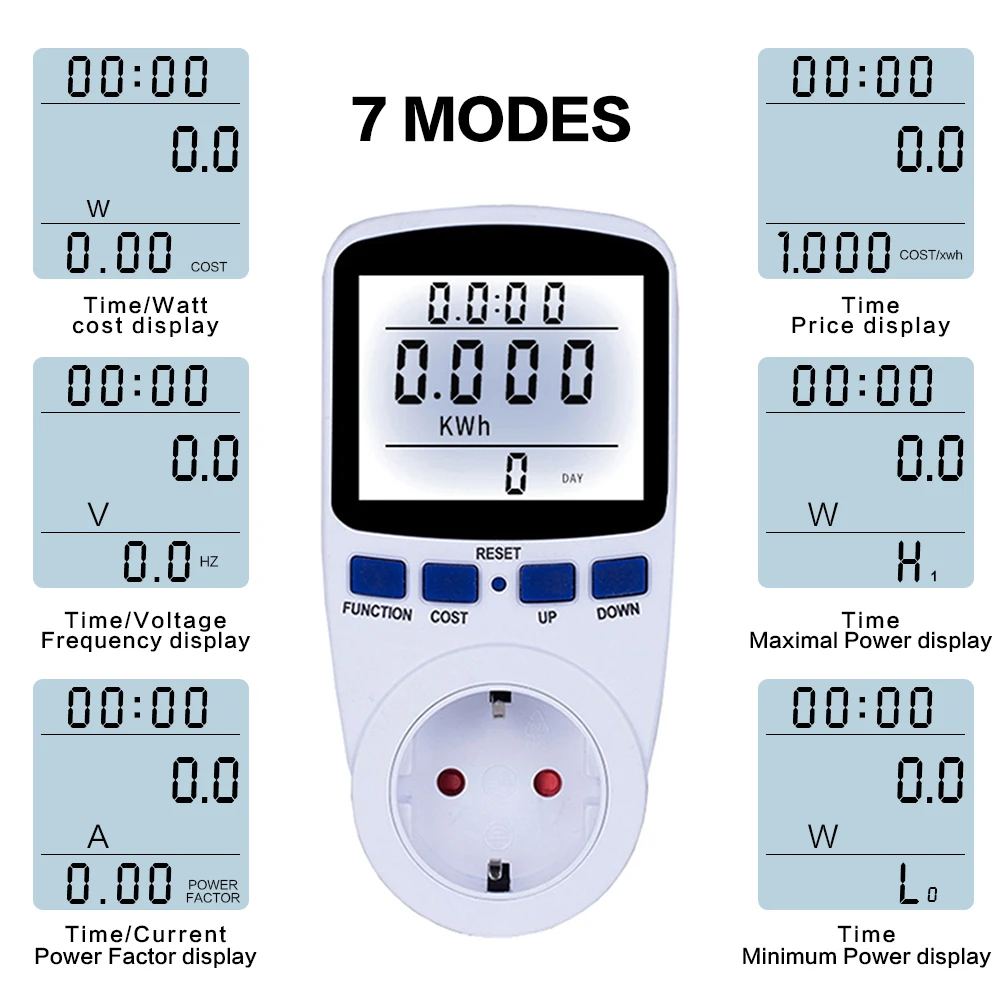 7 режимов ЕС вилка цифровой счетчик энергии Вольт Напряжение Вольтметр ваттметр мощность с подсветкой измерительная розетка выключатель питания