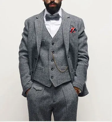 Новейший дизайн на заказ твидовые шерстяные винтажные костюмы для мужчин 3 предмета Свадебные смокинги для жениха Ternos Masculino(пиджак+ брюки+ жилет