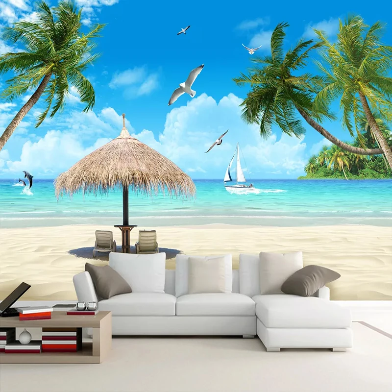Пользовательские фото наклейки на стене обои голубое небо пляж кокосовое дерево, морской пейзаж 3D гостиная диван ТВ фон Papier Peint росписи 3D