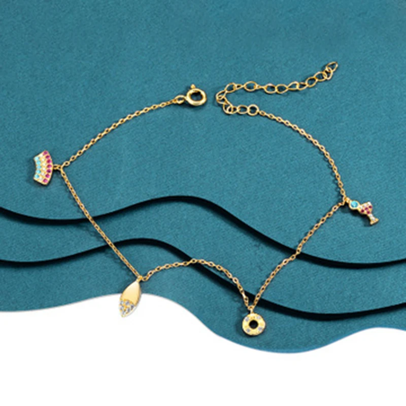 Qevila New Jewelry 100% 925 Sterling Silver Summer Ankle Bracelet Gold Anklet  for Women Rainbow WineCup Donut Shell Chain Charm (3)