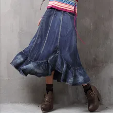 Джинсовая юбка sipaiya осень-зима оборками подол юбки Фирменная новинка длинные Ретро Асимметричный Джинсы для женщин юбка Женская Saia Longa x2216