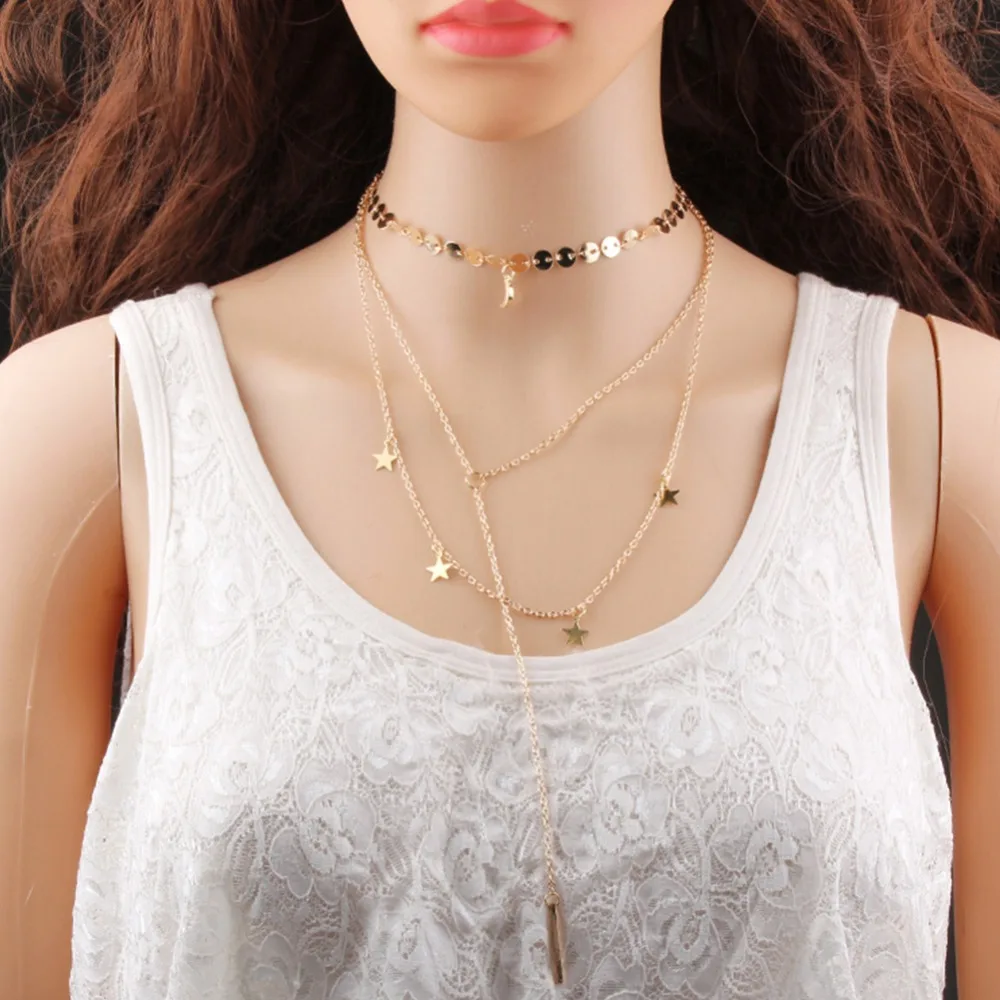 Multi layer Shiny Star Pendant Choker Necklace For Women Jewelry Gold Silver Metal Link Chain