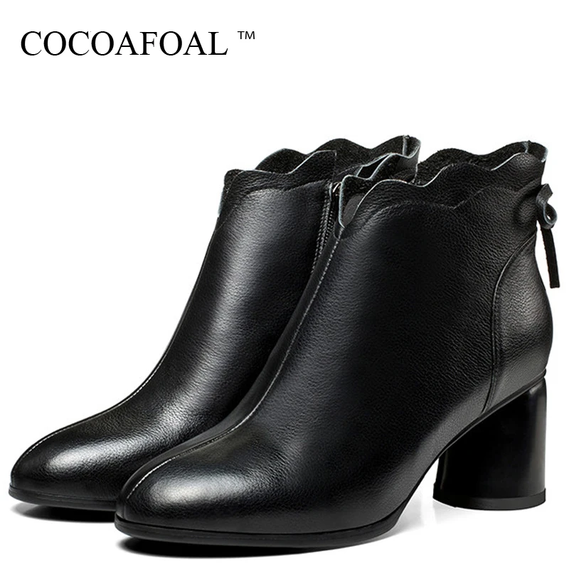 

COCOAFOAL Women's High Heels Ankle Boots Genuine Leather Shoes Woman Chelsea Boots Black Winter Genuine Leather Plus Size Boots