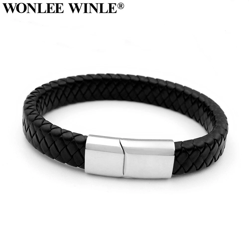 

Wonlee Winle 12mm Genuine Leather Wide Black Braided Bracelets Never Fade Stainless steel Magnet Clasp Cuff Bangles For Men