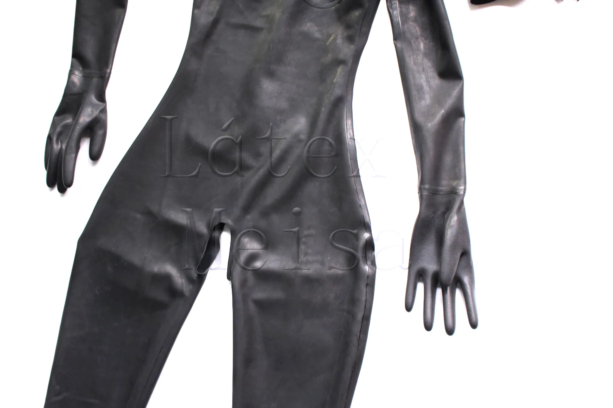 Женские черные БДСМ латексные Связывание в зентай, включая перчатки и раздельные капюшоны с молнией на спине