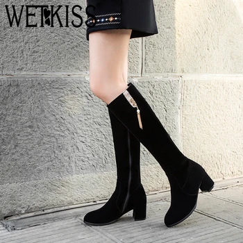 

WETKISS Black Sexy Women Knee High Boots Winter Fashion Simple Long Boots Round Toe Zip Shoes Metal Decor Thick Heel Female Boot