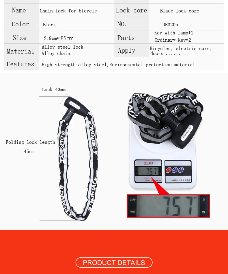 DEROACE велосипедный замок Противоугонная цепь замок Светоотражающие тканевые комплекты стрижка огни ключи Велосипедные замки для мотоциклов для велосипеда