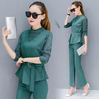 

Women'S Korean Fashion OL Suits Autumn New Lace T Shirt Vest Pants Three-Piece Clothing Set Business Suit Lady Outfit S-XXL
